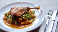 Crispy duck leg, cabbage noodles with walnut