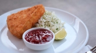 Fried brie cheese, Jasmin rice, red-currant