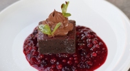 Brownie, forest fruits, chocolate mousse