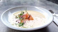 Asparagus cream soup, smoked salmon