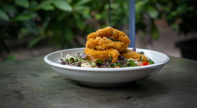 Szezámmagos csirkemellcsíkok, zöldsaláta, fokhagymás öntet, kruton 