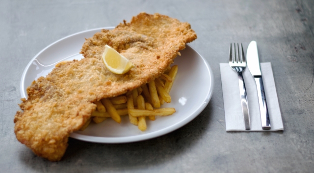Breaded pork cutlet, French fries 